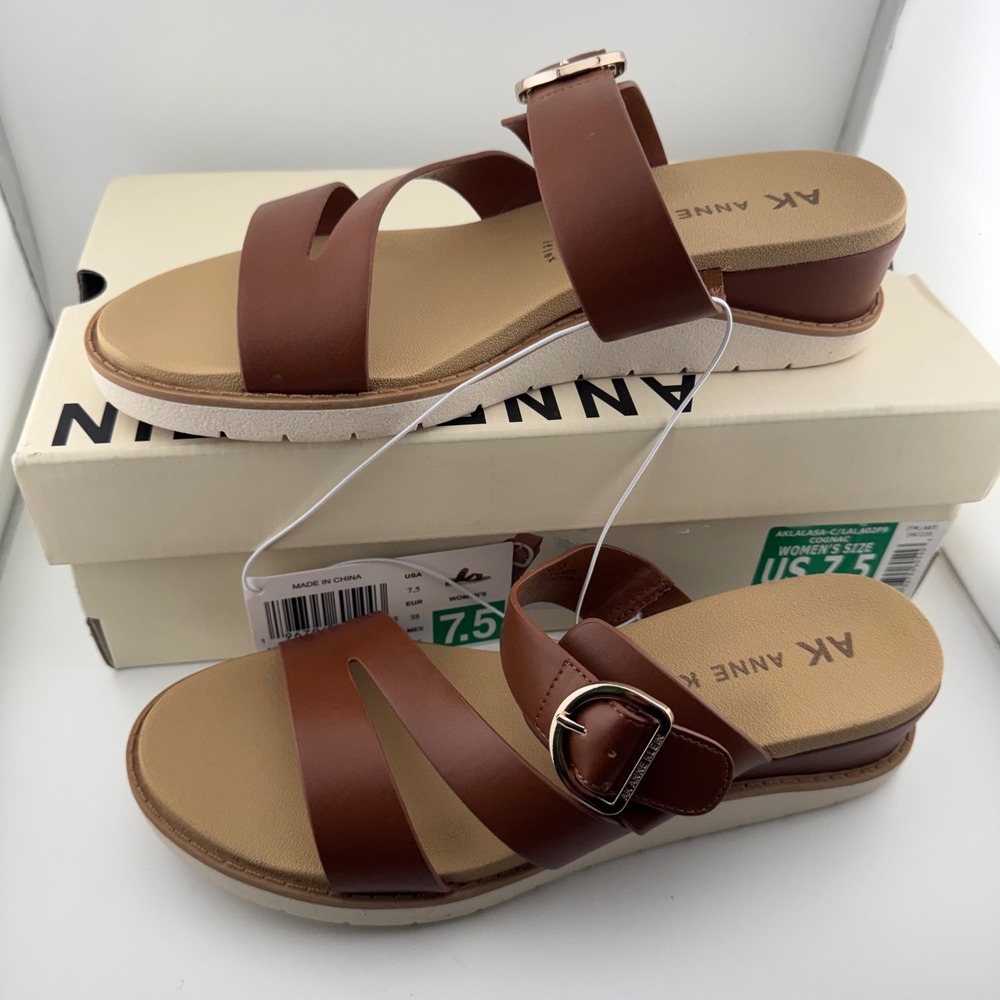Anne Klein Lalasa Wedge Sandals Women 7.5 Cognac Brown NIB iFlex Strappy Buckle